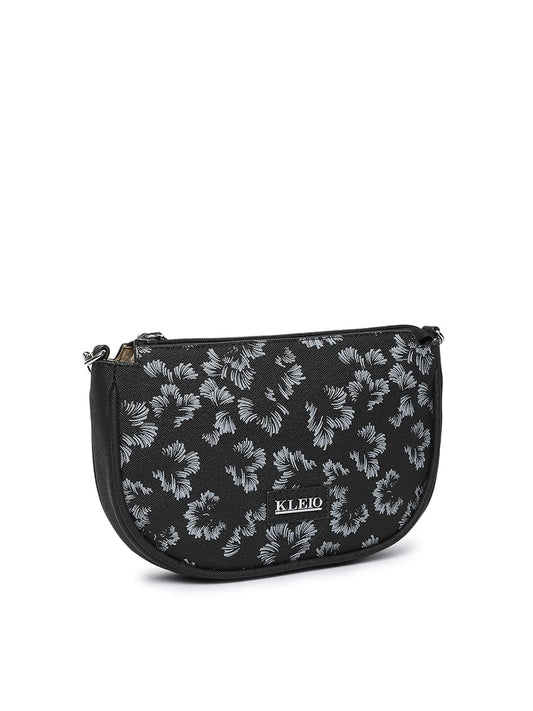 KLEIO Printed PU Leather Light Weight Double Sling Cross body Side Bag for Women and Girls(HO8071KL-BL)(Black)