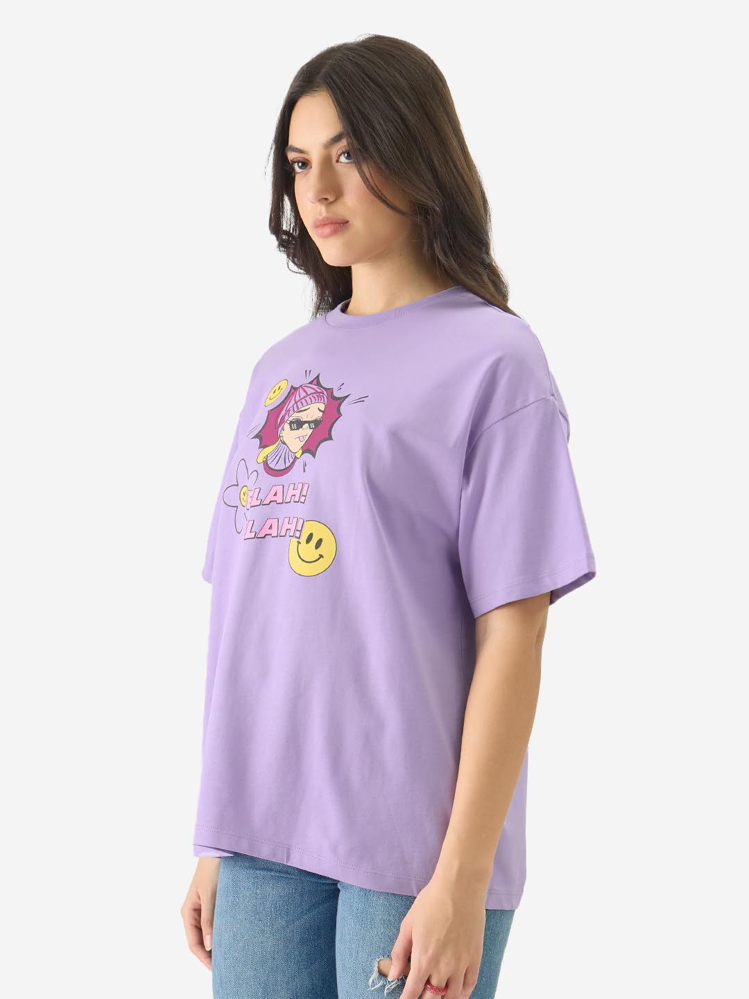 The Souled Store Don't Care Club Women and Girls Short Sleeve Round Neck Purple Graphic Printed Cotton Oversized Fit T-Shirts Oversized T Shirts for Women T-Shirt Girls Cotton Casual Half Sleeves