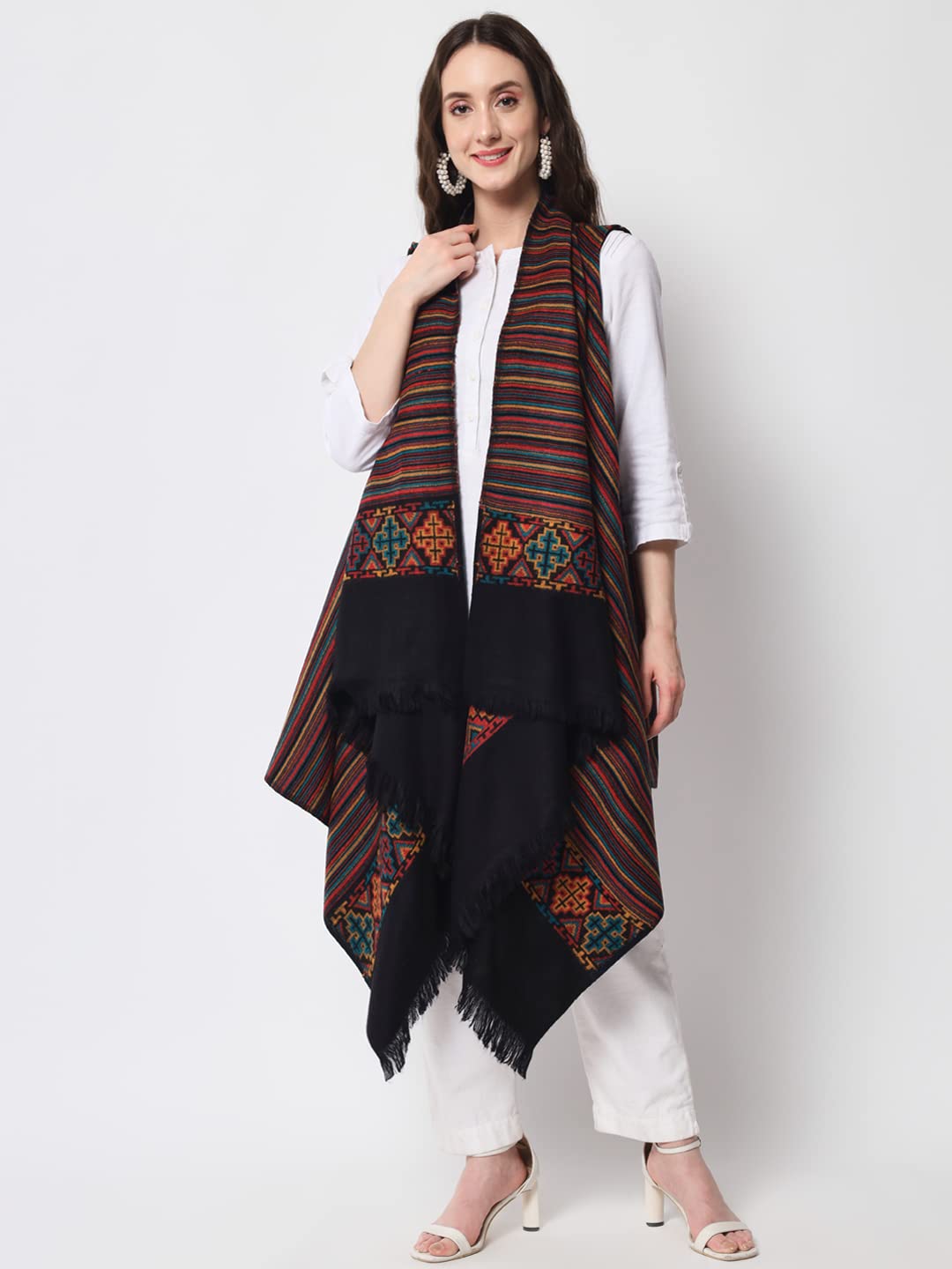 Zamour Kullu Weave Women's Woolen Shawl Collar Cape Shrug Top Woven in Himalayan Stripes (Multicolor)