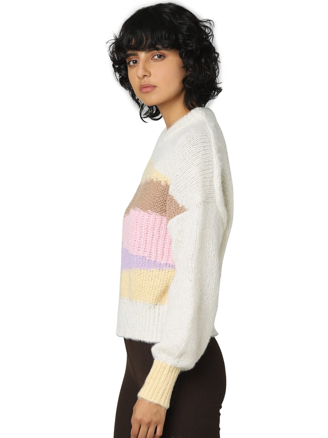 Only Women's Polyester Blend Round Neck Sweater (Birch) Beige