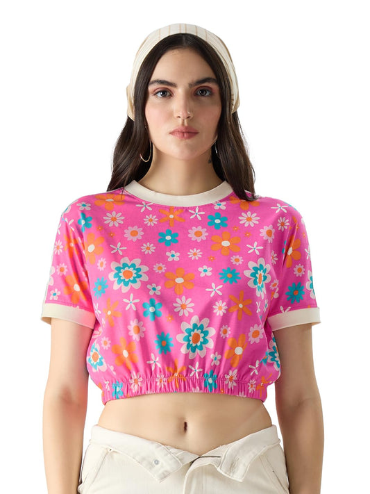 The Souled Store Blossom Womens and Girls Regular Fit Half Sleeve Graphic Printed Cotton Pink Color Crop Top Cartoon 90s Crop Top for Girl Women Round Turtle Halter Neck Printed Shoulder Rib Knit