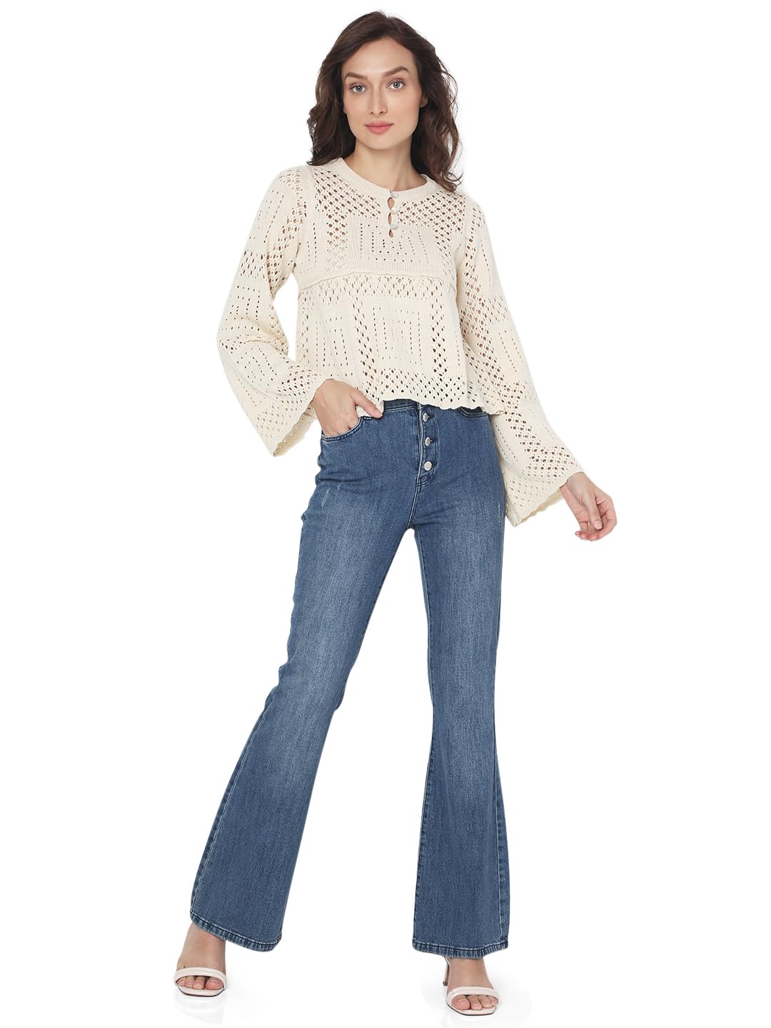 VERO MODA Women's Cotton Round Neck Sweater (10294379- Birch