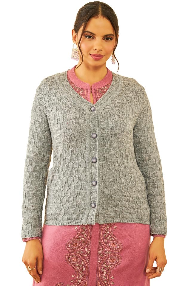 Soch Womens Grey Acrylic Woven Design Winter Cardigan(8907175610886)