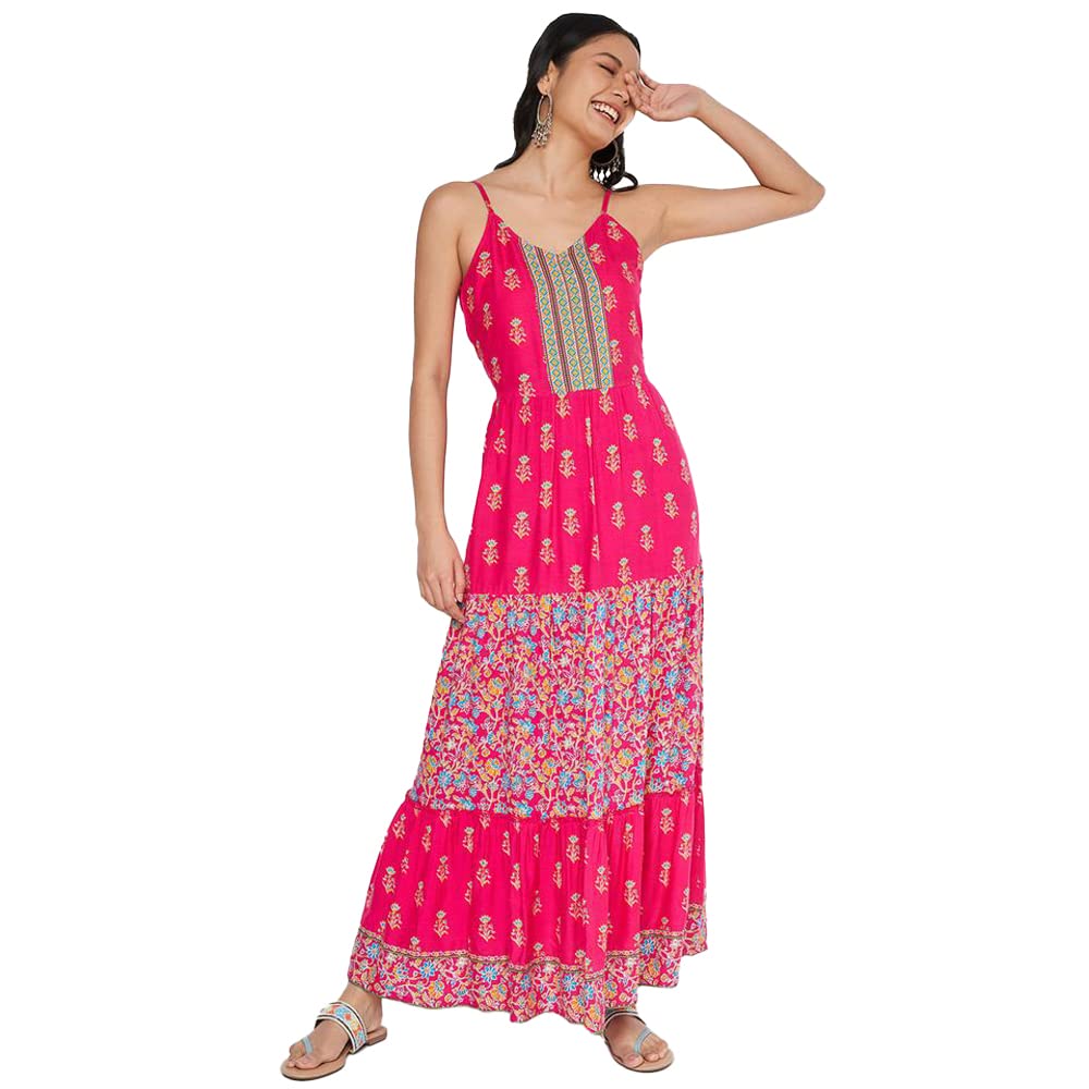 global desi Floral Viscose Square Neck Womens Gown (Pink)