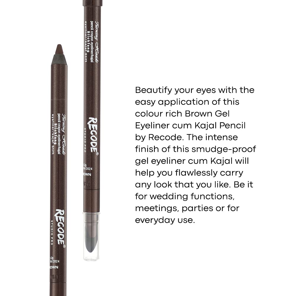 Recode Turning Heads Crayon Gel Eyeliner Pencil cum Kajal Pencil comes with Smudger on other side, longlasting, Water-proof & smudge-proof Formula, Black, 1.2gm