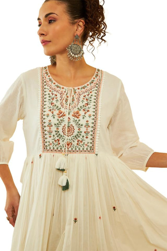 Soch Womens White Cotton Embroidered Dress with Sequins(8909058011193)