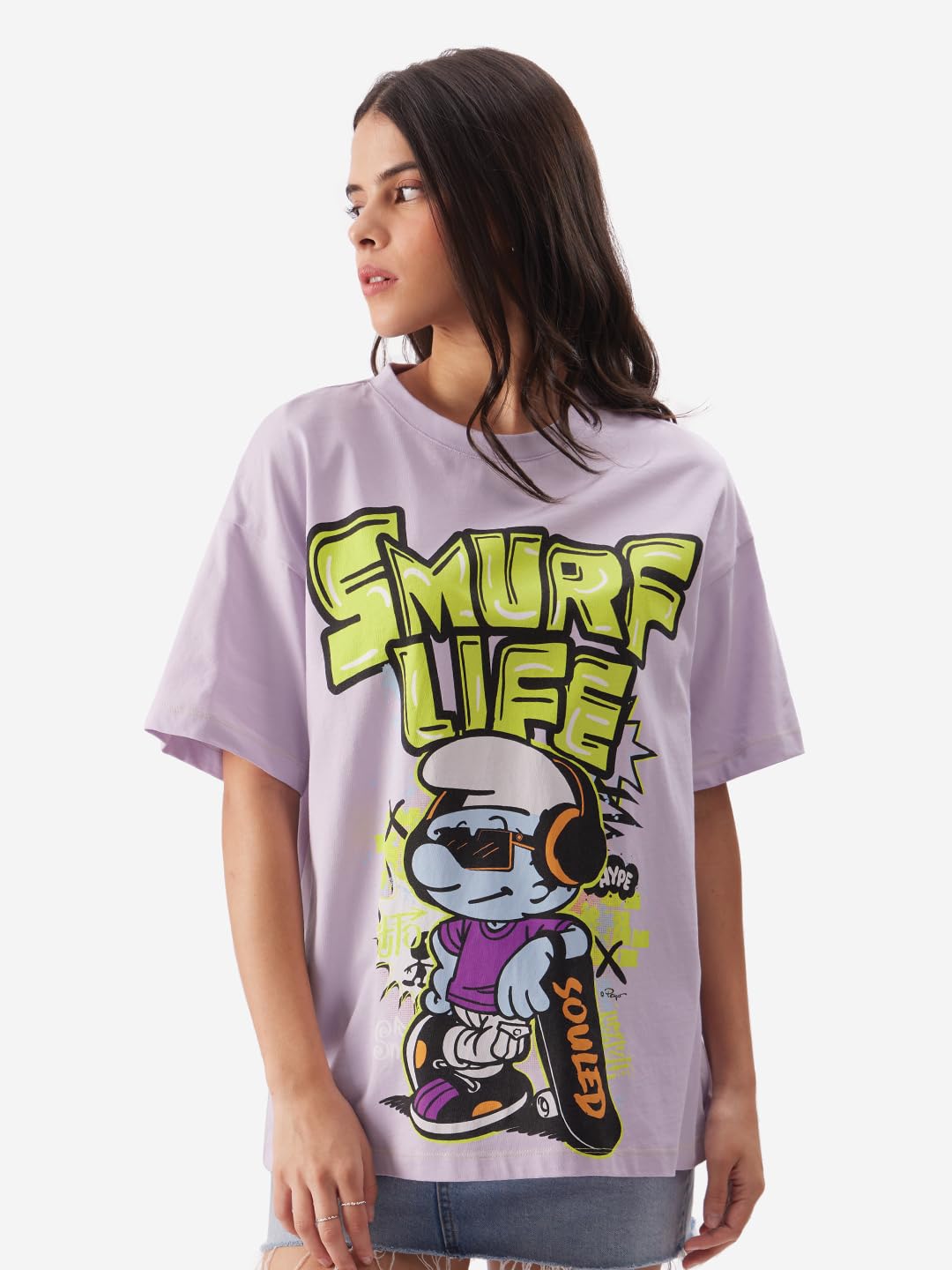 The Souled Store Smurfs: Smurf Life Women Oversized T-Shirts Oversized T Shirts for Women T-Shirt Girls Cotton Casual Half Sleeves Baggy Loose Fit Drop Shoulder Round Neck Back Printed Tshirt