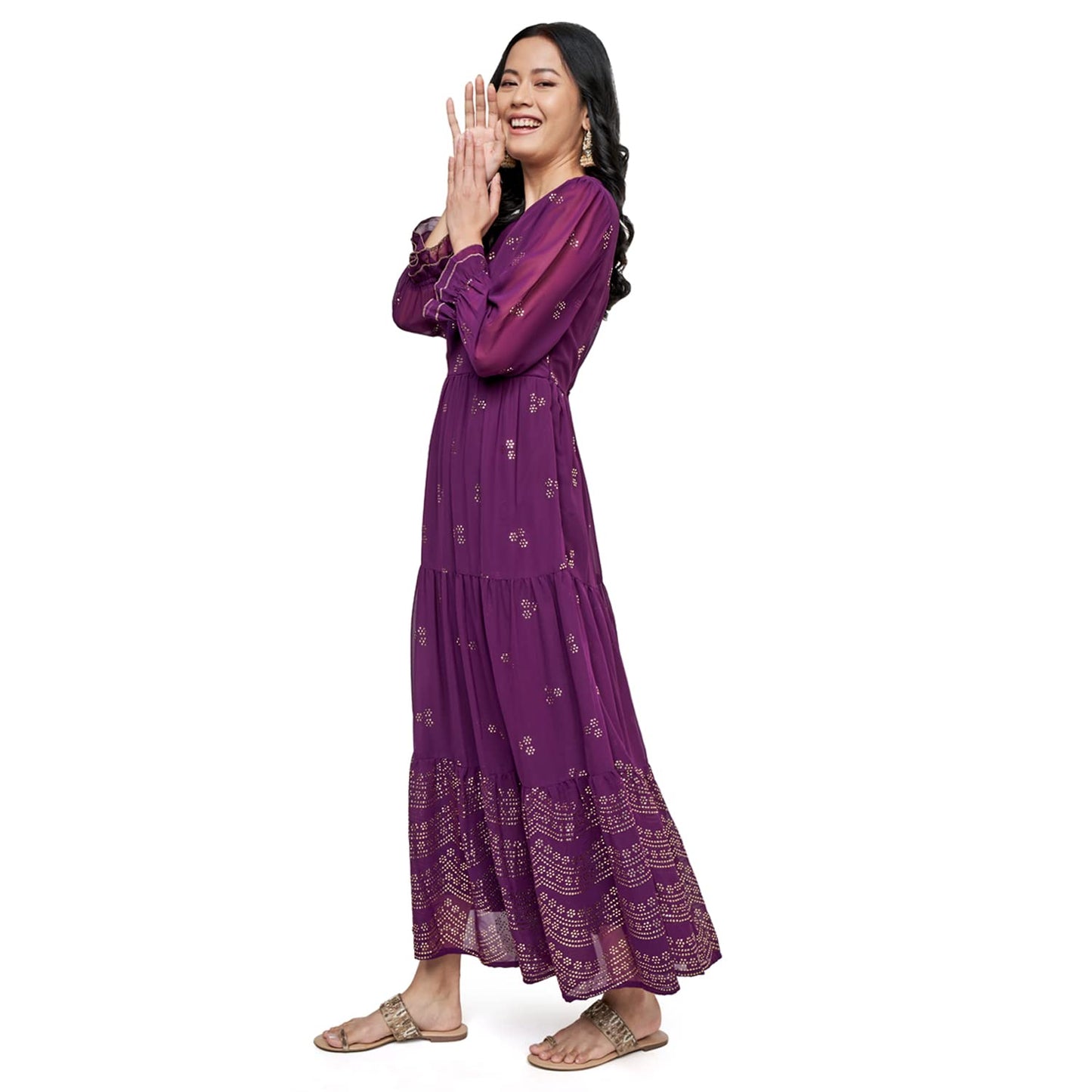 Global Desi Women's Polyester Fit and Flare Regular Length Dress (Purple)