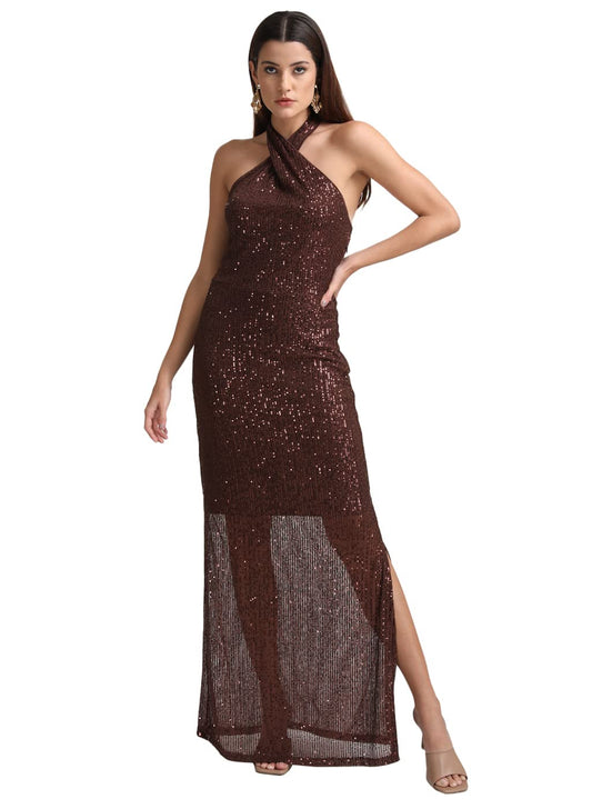 Kazo Women's Polyester Bodycon Maxi Casual Dress (Brown)