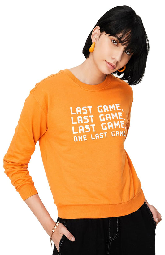 Max Women Typographic Printed Sweatshirt,Orange,S