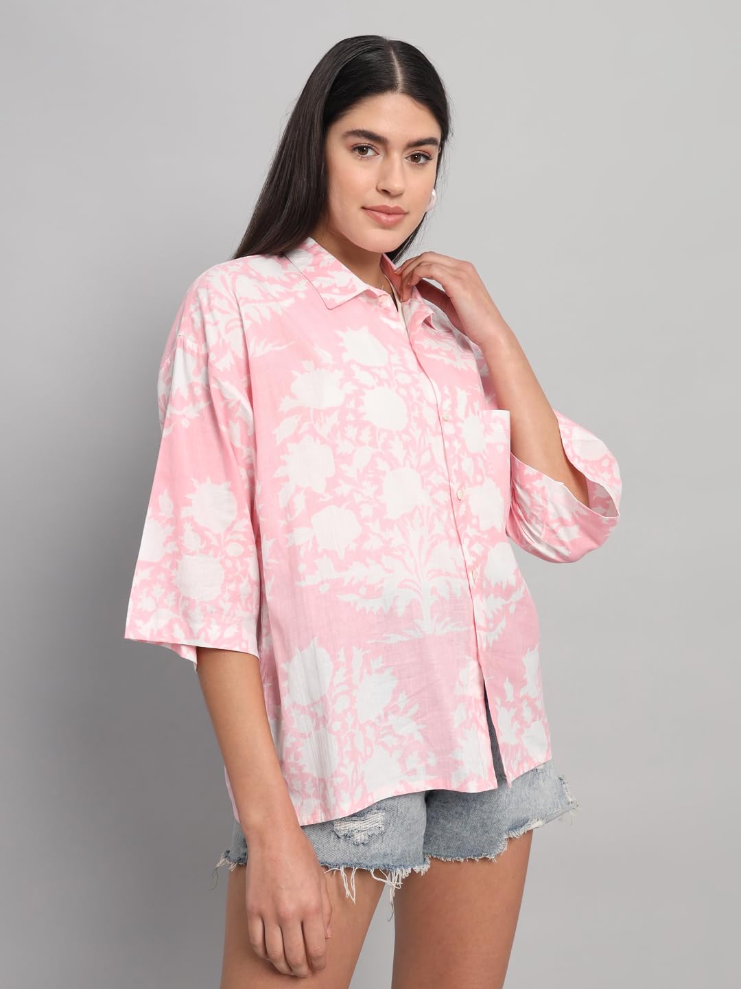 Ravaiyaa - Attitude is everything Oversized, Shirt for Women, Printed Shirt, Loose Fit, Relaxed Fit, Wide Fit 100% Cotton Spread Collar Neck Printed Shirt for Womens/Girls (Pink)