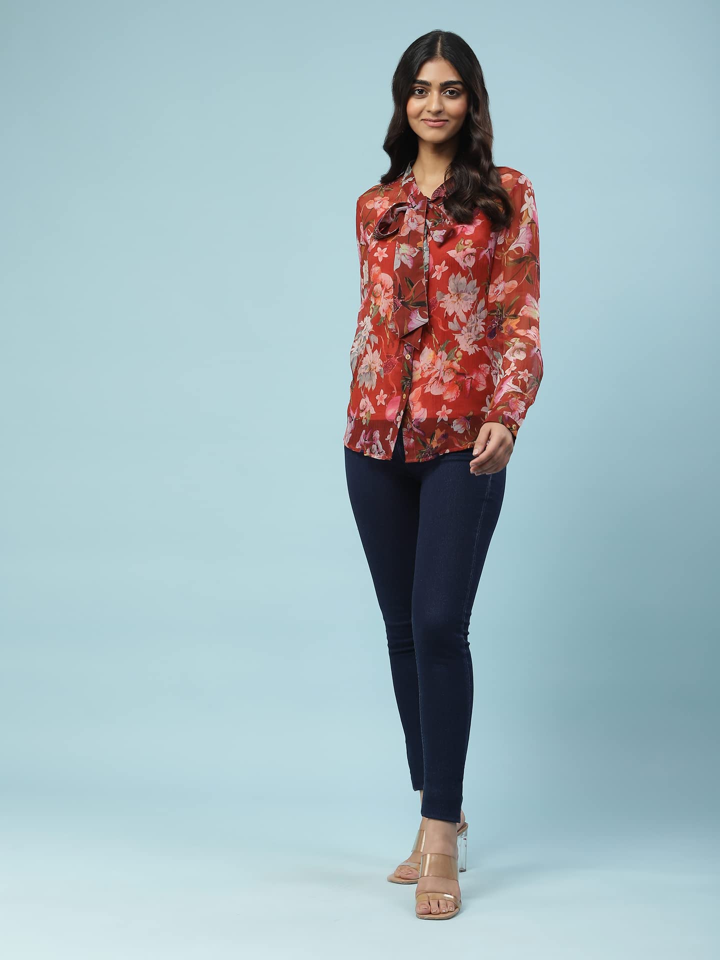 Aarke Ritu Kumar Red Floral Print Tie-Up Shirt with Camisole