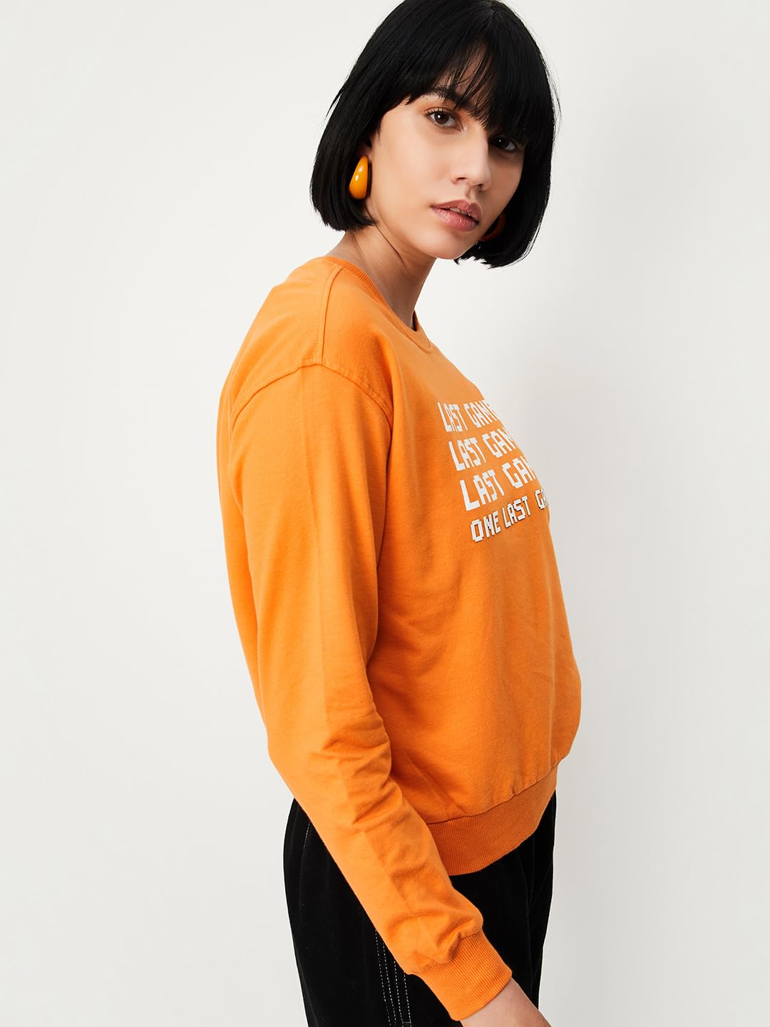 Max Women Typographic Printed Sweatshirt,Orange,S