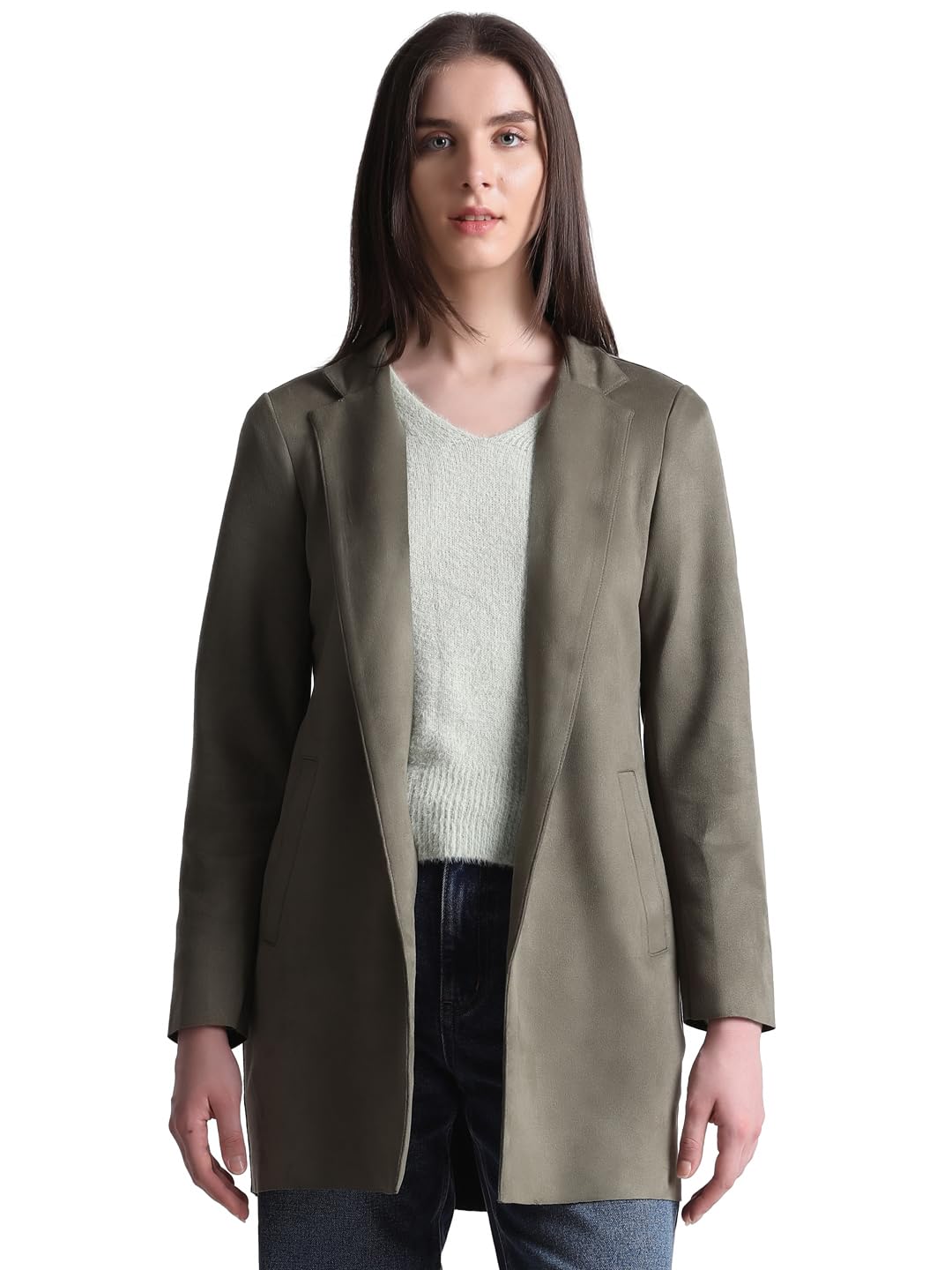 Only Women's Polyester Blend Longline Green A-Line Coat_Small