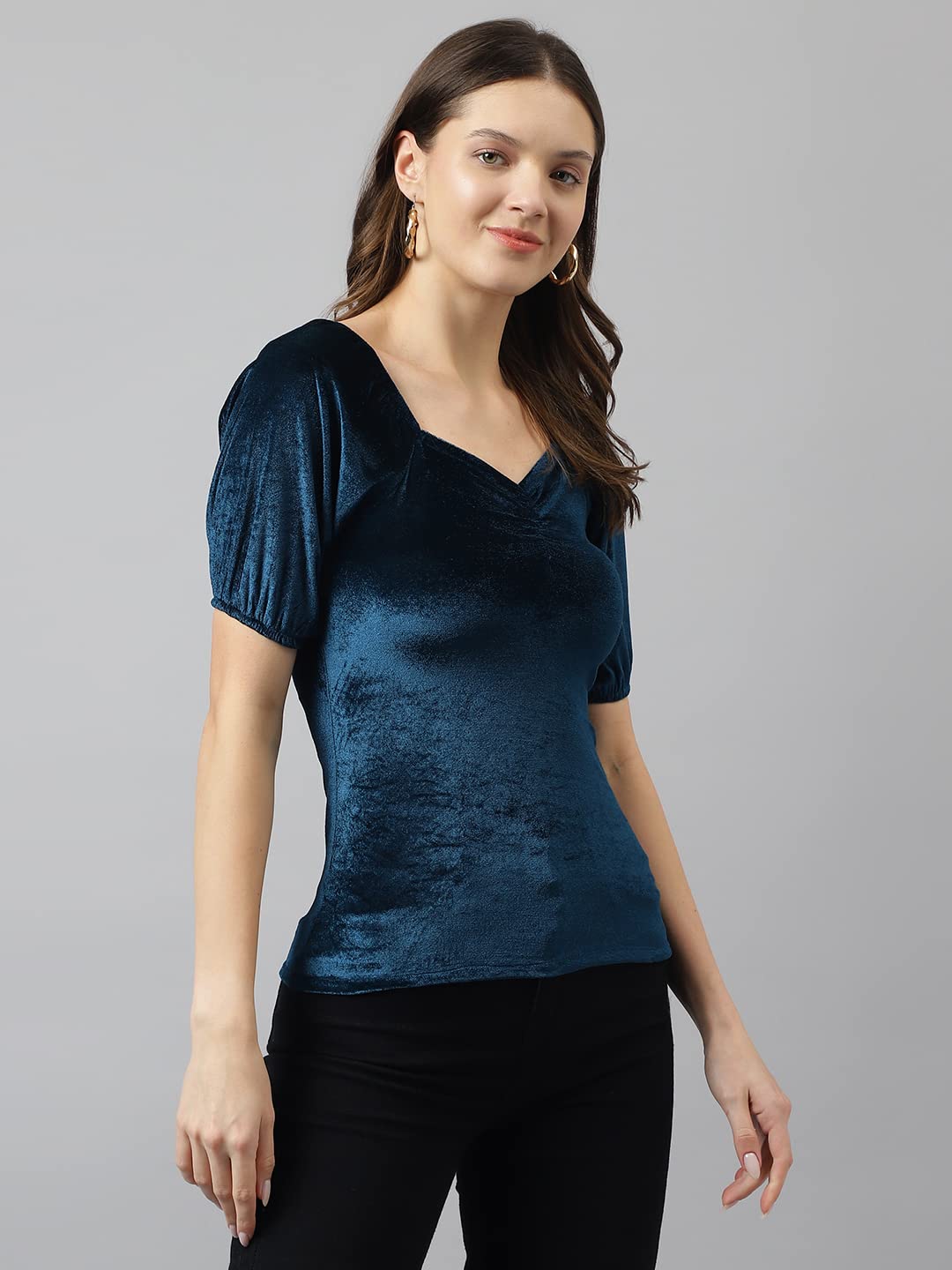 KERI PERRY Women's Teal Blue Velvet Solid Straight Western Top | Winter Top | Western Top | Top for Women | Latest Women Top | Trendy Women Top