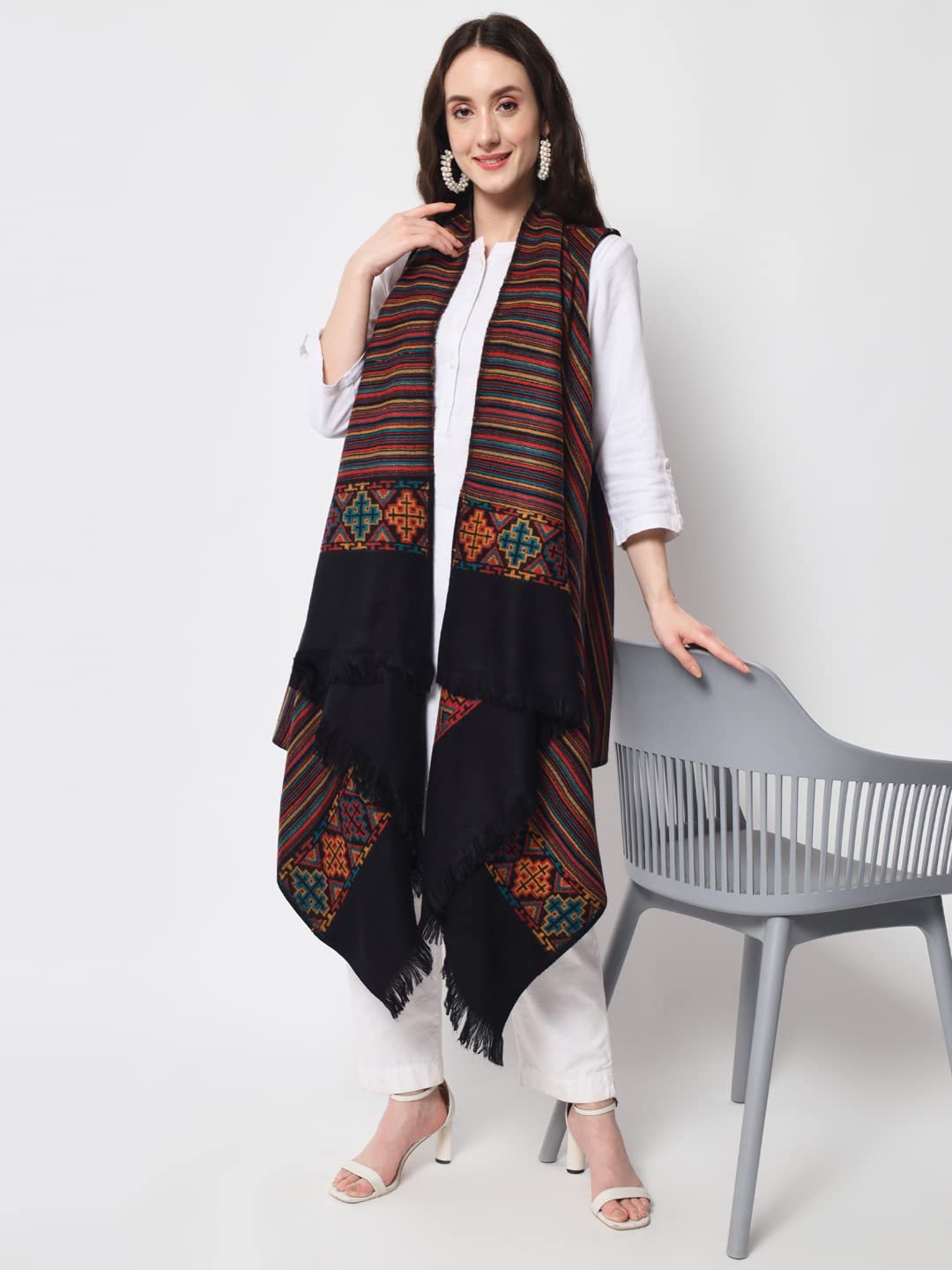 Zamour Kullu Weave Women's Woolen Shawl Collar Cape Shrug Top Woven in Himalayan Stripes (Multicolor)