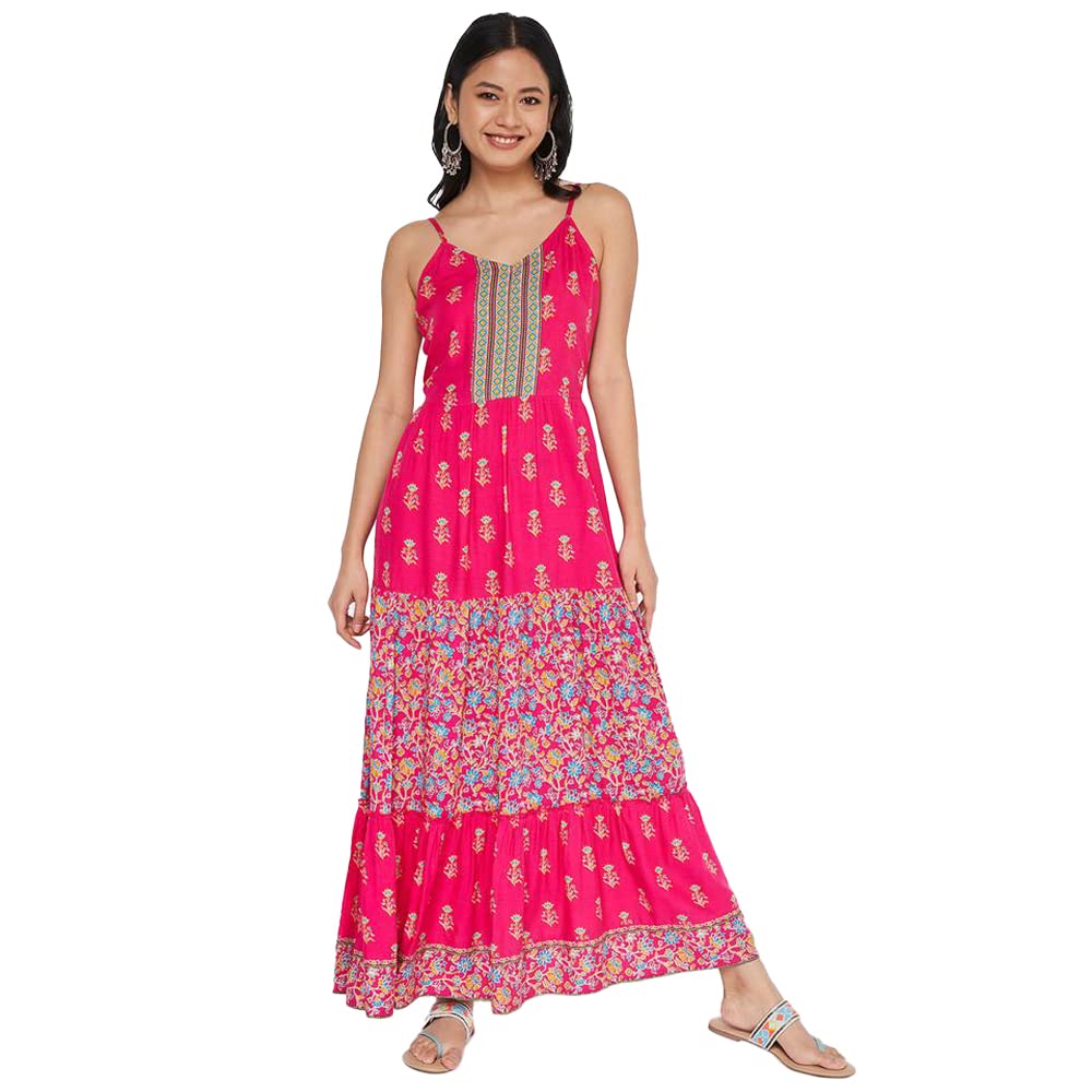 global desi Floral Viscose Square Neck Womens Gown (Pink)