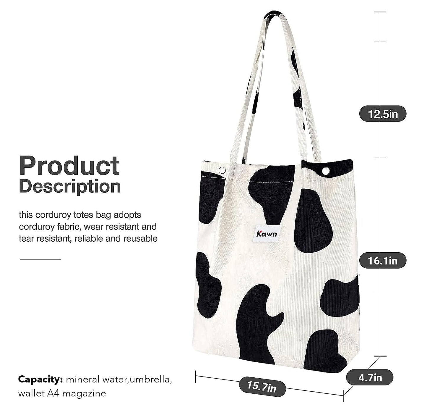 Kawn® Women Corduroy Tote Bag Canvas Shoulder Cord Purse Reusable Shopping Bag Grocery Bag Large Capacity Washable Handbag Girls Shoulder Bag with Inner Pocket For Daily Use Work Travel (Cow Large)