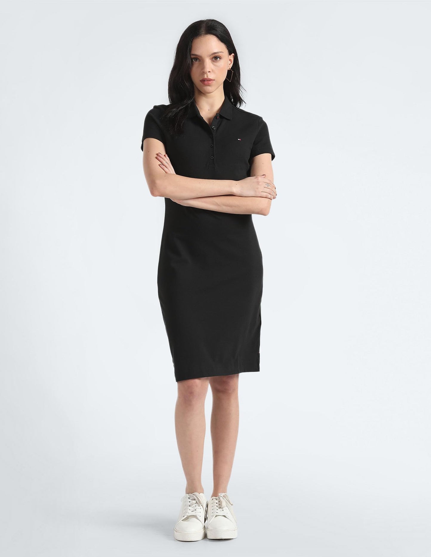 Tommy Hilfiger Women's Cotton Blend Shirt Knee-Length Casual Dress (Black)