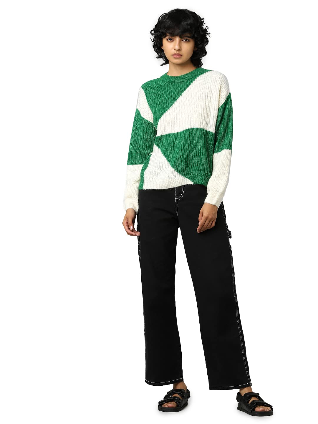 Only Women's Acrylic Blend Crew Neck Sweater (Green Bee)