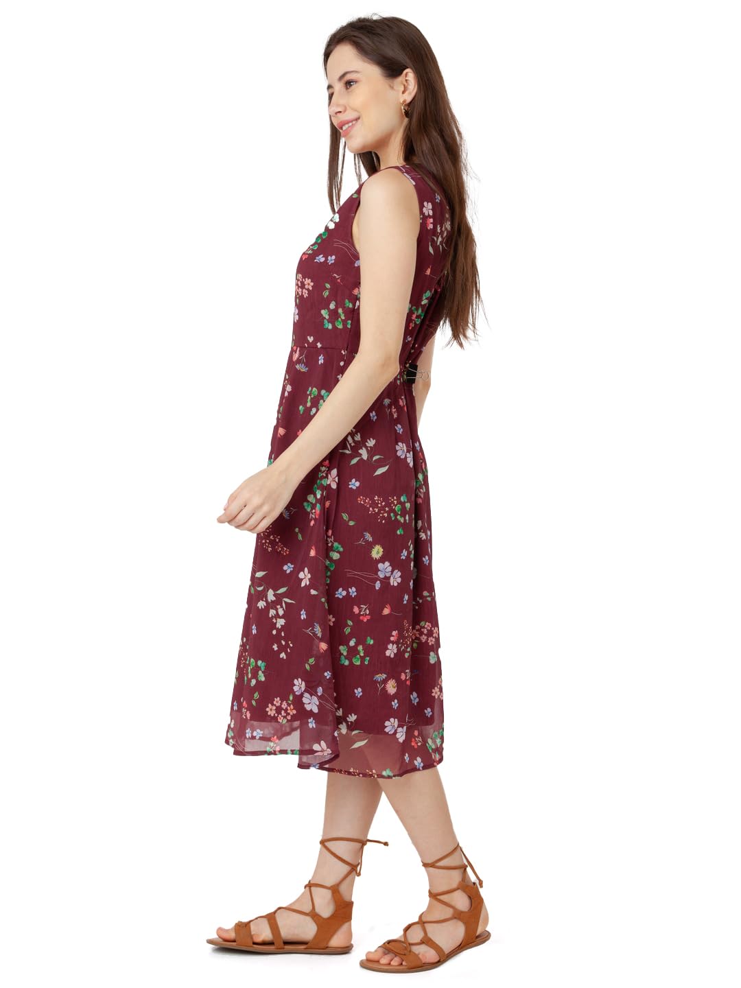 Zink London Women's Maroon Printed A-Line Midi Dress