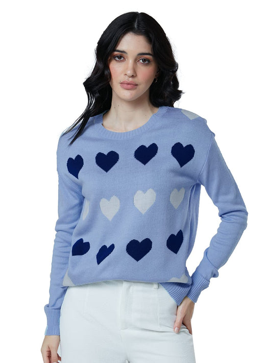 The Souled Store|Knitted SweaterHearts Women and Girl |Full Sleeve| Regular fit Graphic Printed| 100% Acrylic Blue Color Women Knitted Sweaters