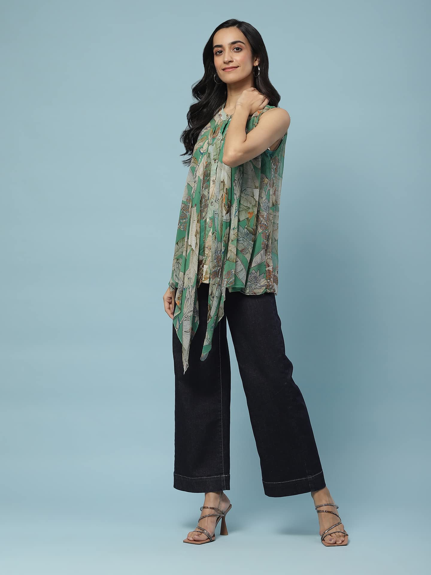 Aarke Ritu Kumar Green Floral Print Tie-Up Top