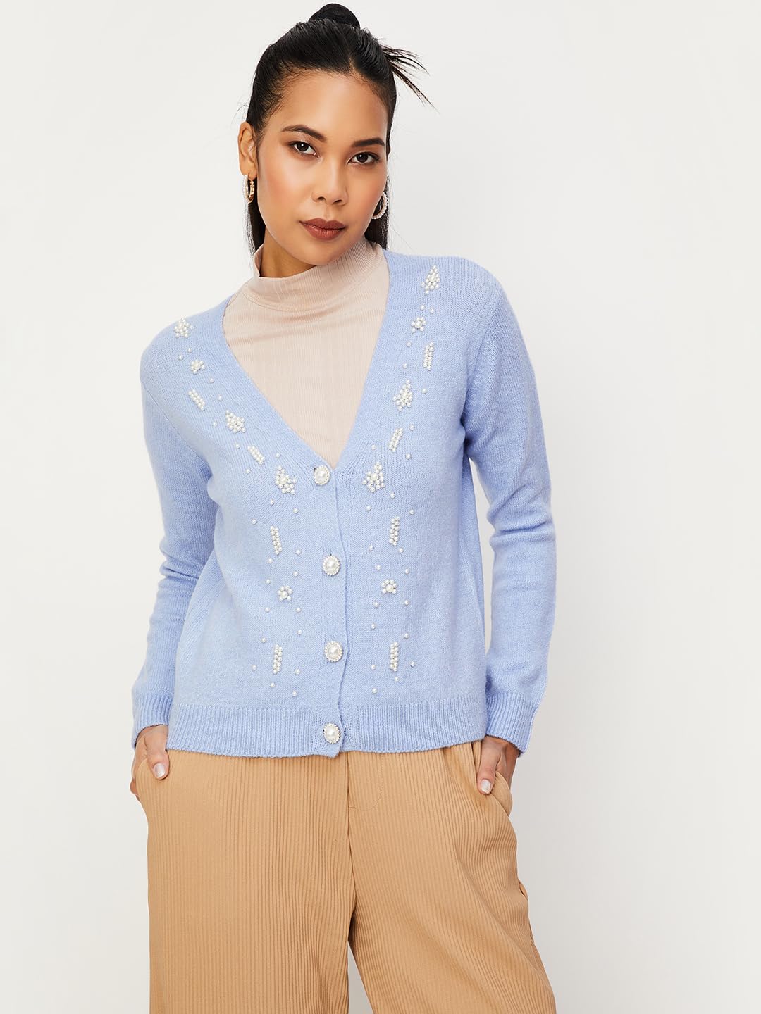 Max Women's Polyester Blend Casual Cardigan Sweater (DFS3010_Light Blue