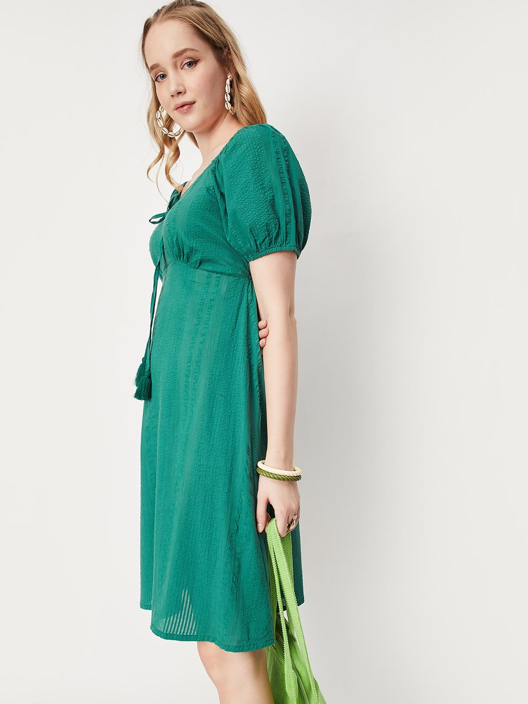 max Women's Cotton A-Line Above The Knee Casual Dress (HG33006GREEN_Green