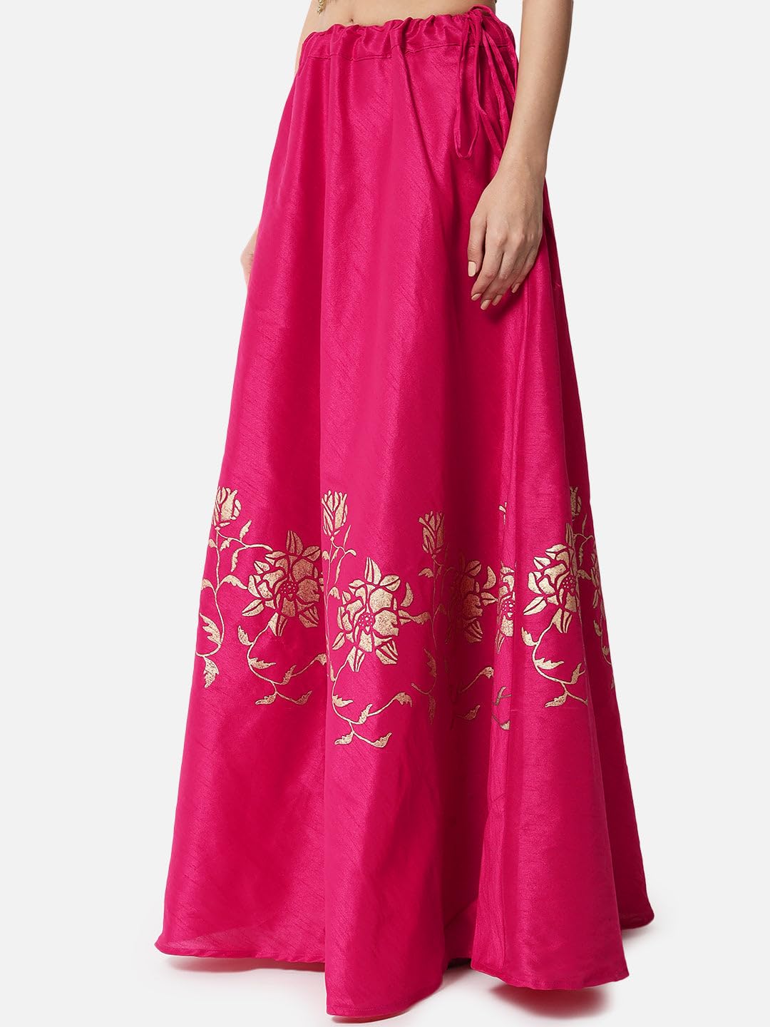 studio rasa Women's Dupion Hand Block Printed Bias Skirt for Wedding Festive (Pink)