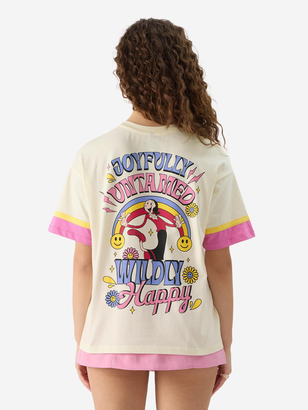 The Souled Store Popeye: Wildly Happy Women Oversized T-Shirts Oversized T Shirts for Women T-Shirt Girls Cotton Casual Half Sleeves Baggy Loose Fit Drop Shoulder Round Neck Back Printed Tshirt