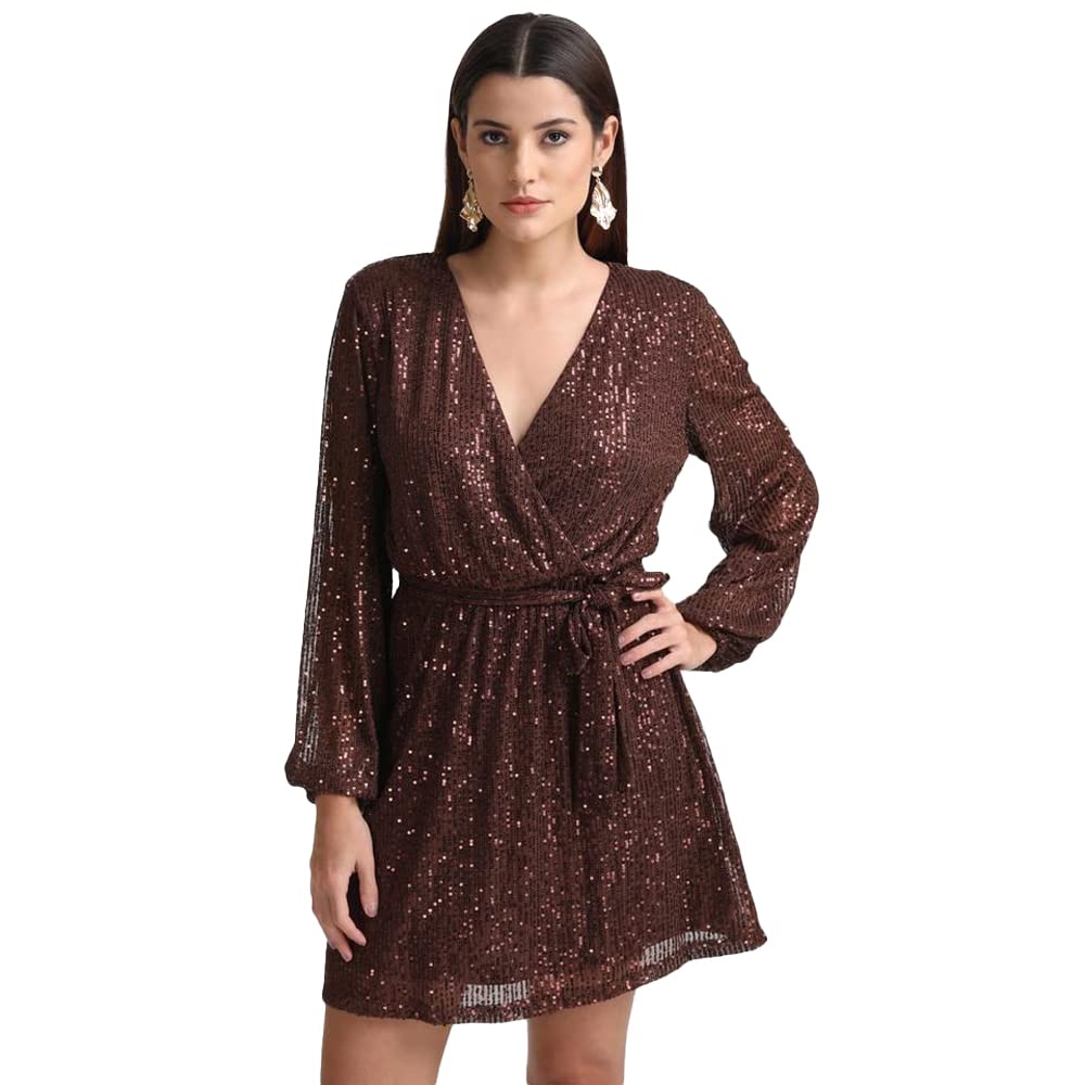 Kazo Abstract Satin V Neck Women's Mini Dress (Brown)