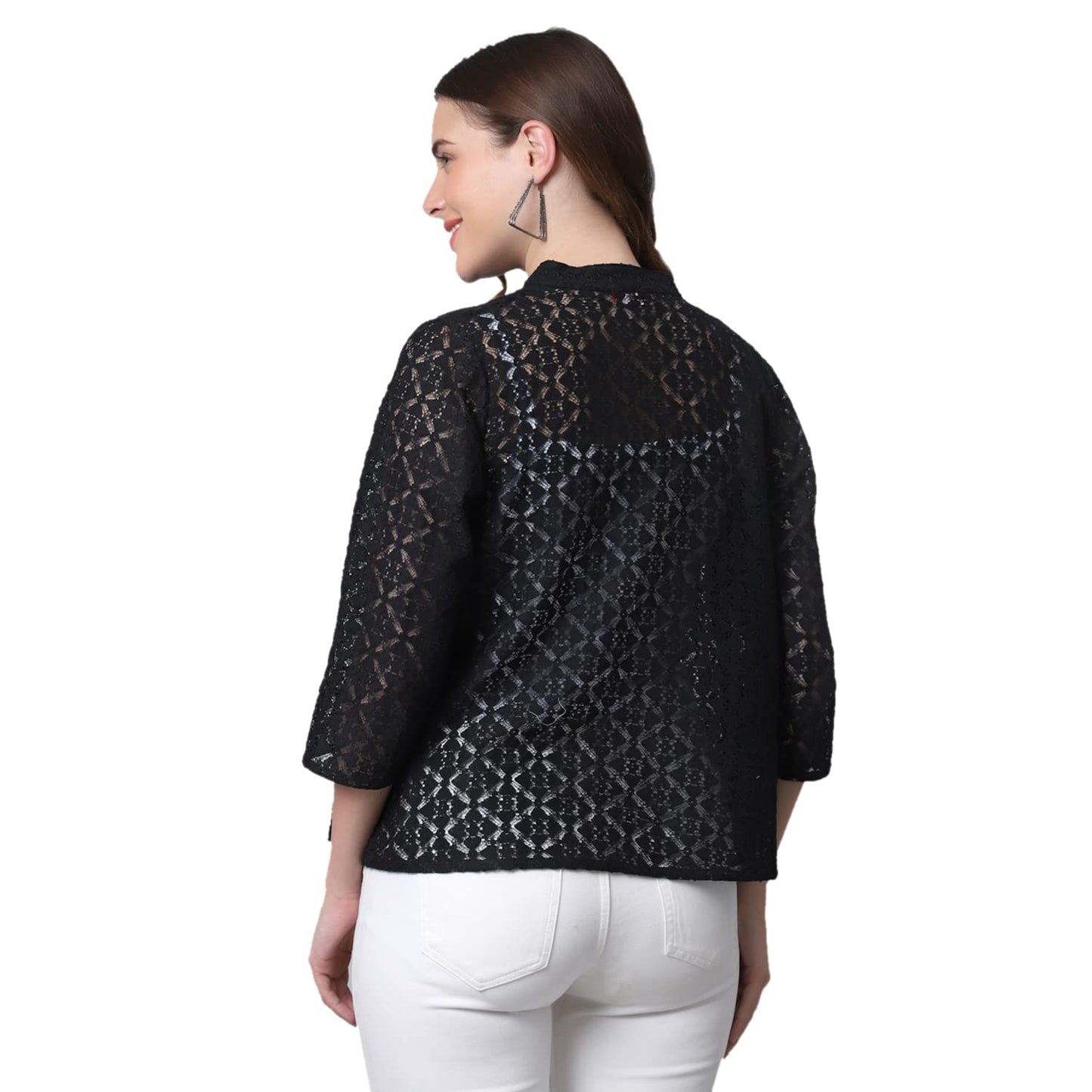 UnaOne Women Black Heart and Geometric Shaped lace Regular Open Front Plus Size Stylish Collar Shrug for Summer