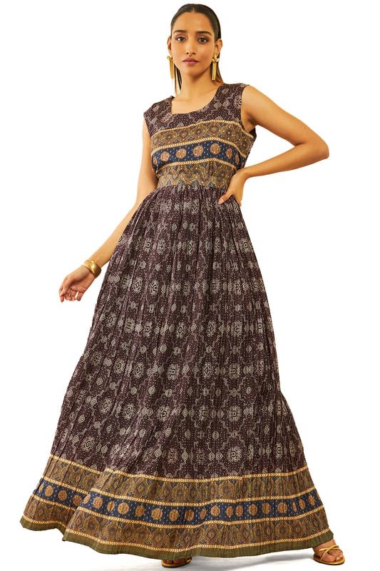 Soch Womens Charcoal Art Silk Bandhani Print Dress with Sequins