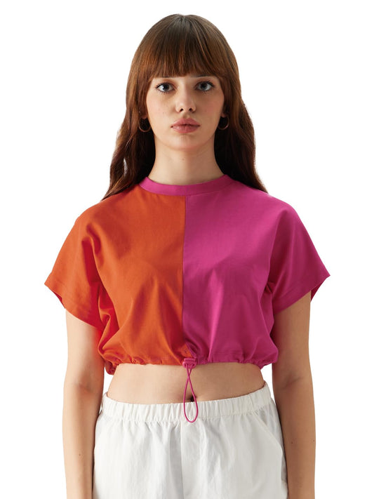 The Souled Store Solids: Blazing Orange, Hot Pink (Colourblock) Womens and Girls Oversize Fit Half Sleeves Crop Top