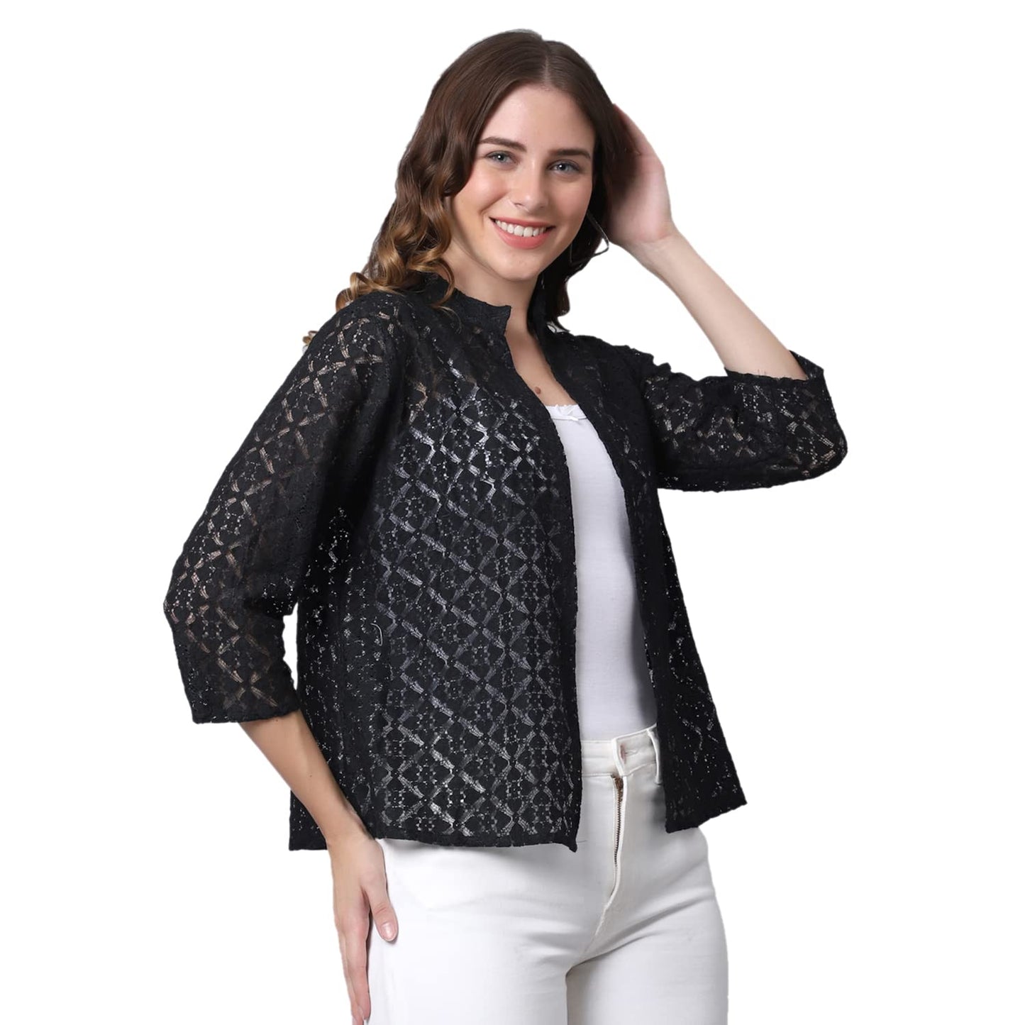 UnaOne Women Black Heart and Geometric Shaped lace Regular Open Front Plus Size Stylish Collar Shrug for Summer