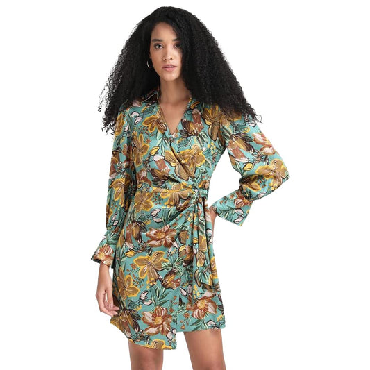 Kazo Floral Polyester Blend Collar Neck Women's Mini Dress (Grey)