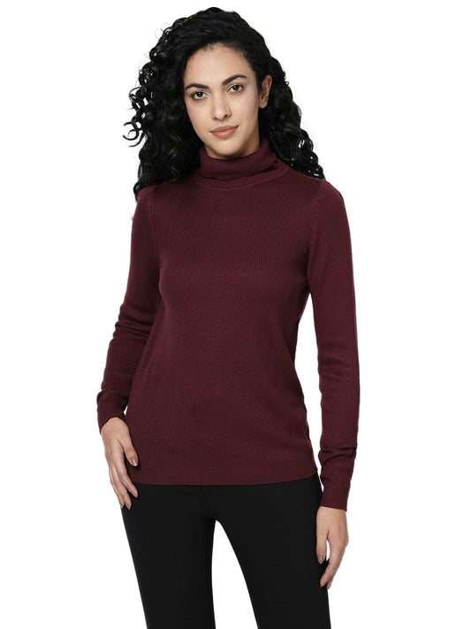 VERO MODA Women's Acrylic Turtle Neck Pullover Sweater (10287476-Windsor Wine_Windsor