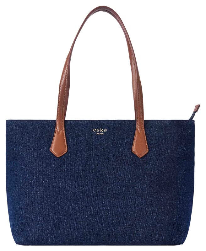 eské Aliz Canvas Vegan Leather Tote Handbag For Women | Shoulder Bag For Daily Use (Navy Blue Cognac)