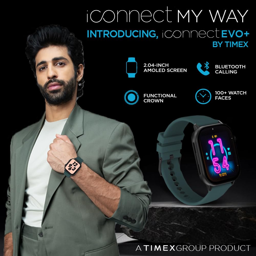 TIMEX iConnect EVO+Made in India Unisex Smartwatch|Largest Display 2.04" AMOLED with 368x448 Pixel Bluetooth Calling|Rotating Functional Crown|AI Voice Assist|Upto 7 Days Battery -TWIXW404T