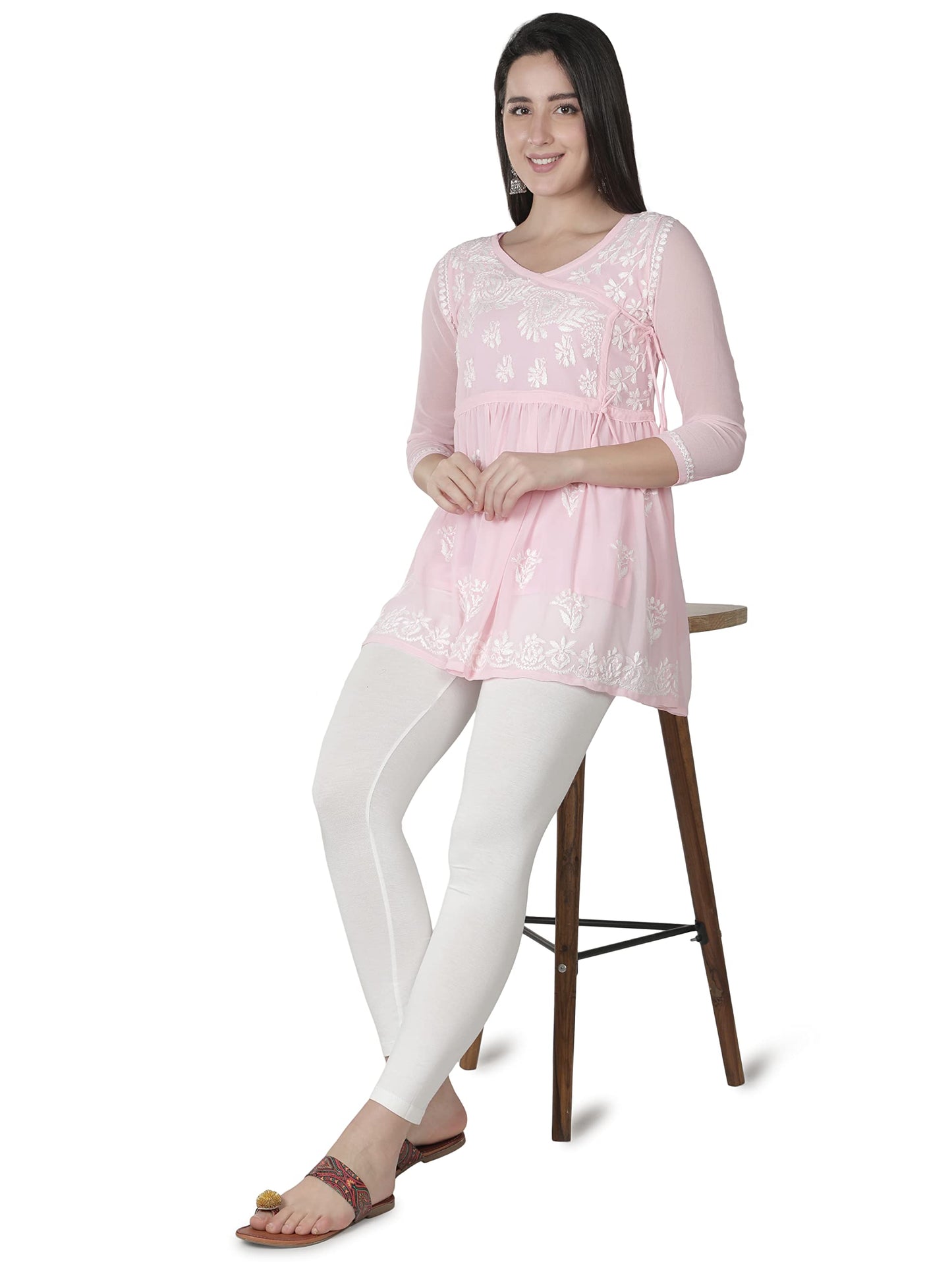 Seva Chikan Hand Embroidered Baby Pink Georgette Lucknowi Chikankari Women's Short Tunic Top with Slip-(Pink)