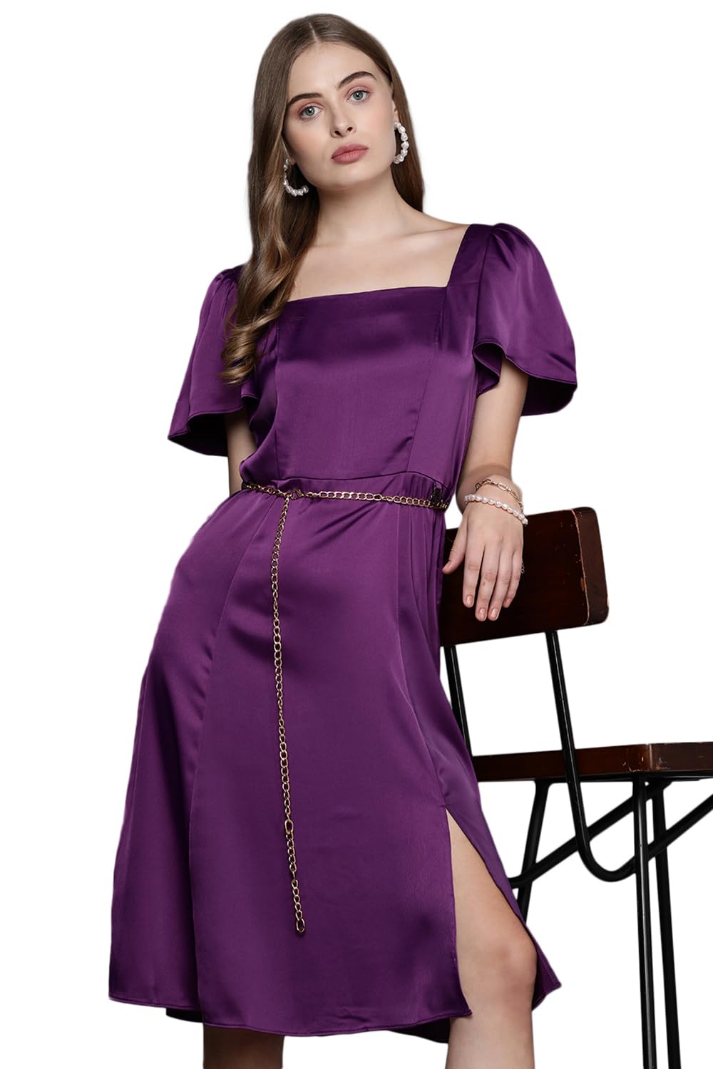 Allen Solly Women's Polyester Modern Calf Length Dress (Purple)