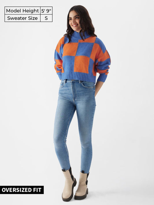 The Souled Store Solids: Blue, Orange (Colourblock) Women Turtle Neck Sweaters