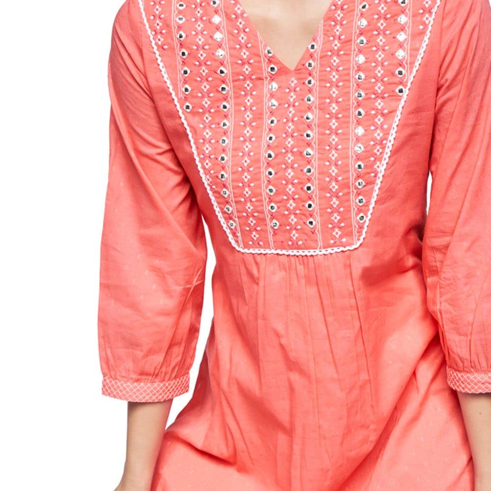 global desi Solid Cotton V Neck Womens Flared Dress (Coral)