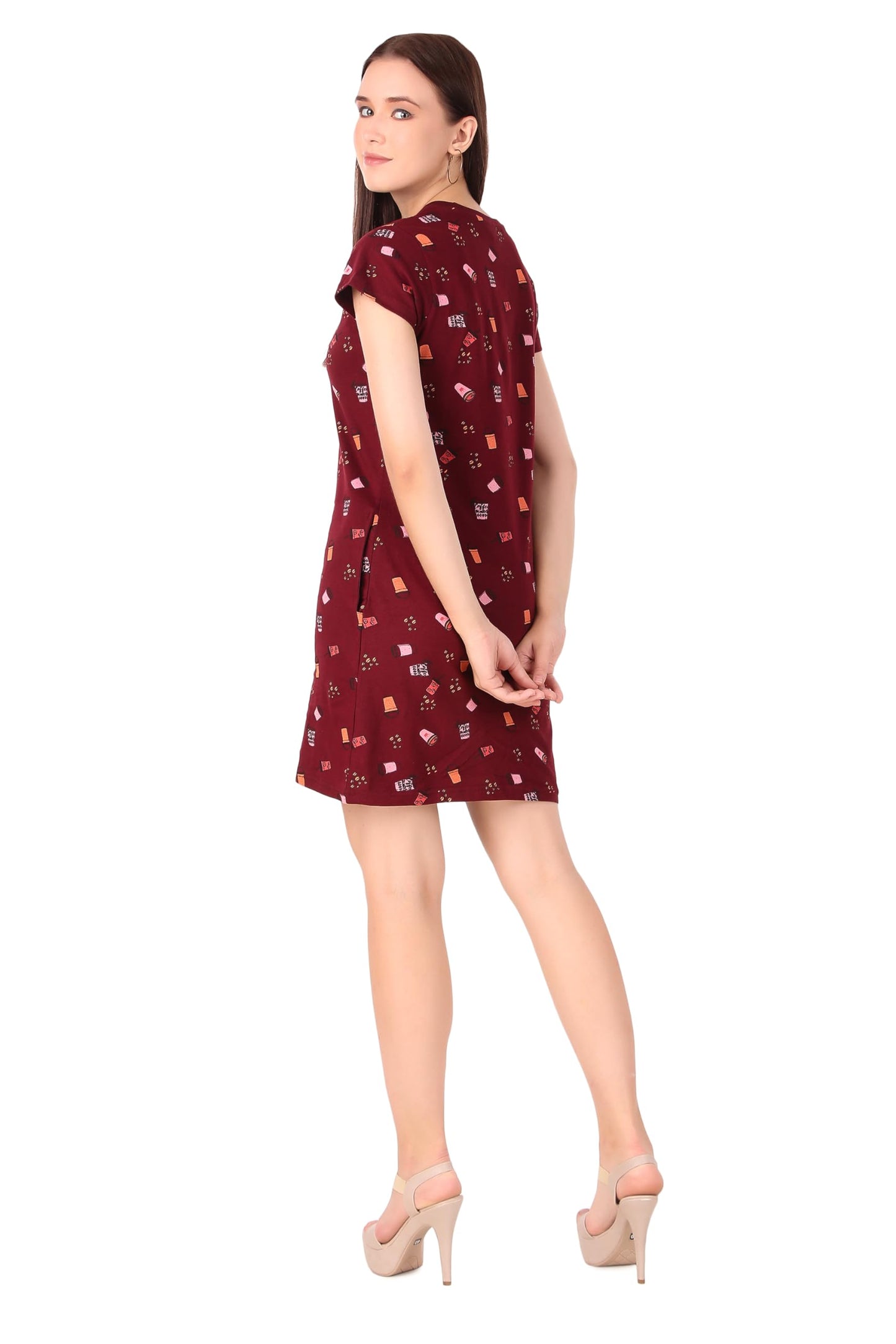 Stories.Label Women Cotton Long Printed Middies T-Shirt Dress in Knee Length with Side Pockets Include Plus Sizes, Western Casual One Piece T-Shirts Dresses for Girls (Maroon, 3XL)