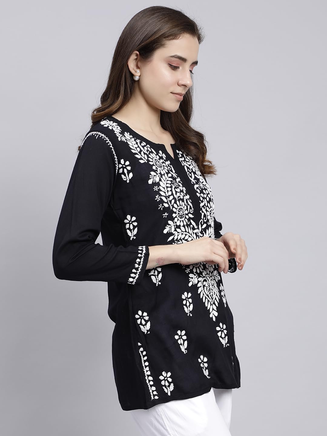 Seva Chikan Hand Embroidered Black Modal Lucknowi Chikankari Top (Black)