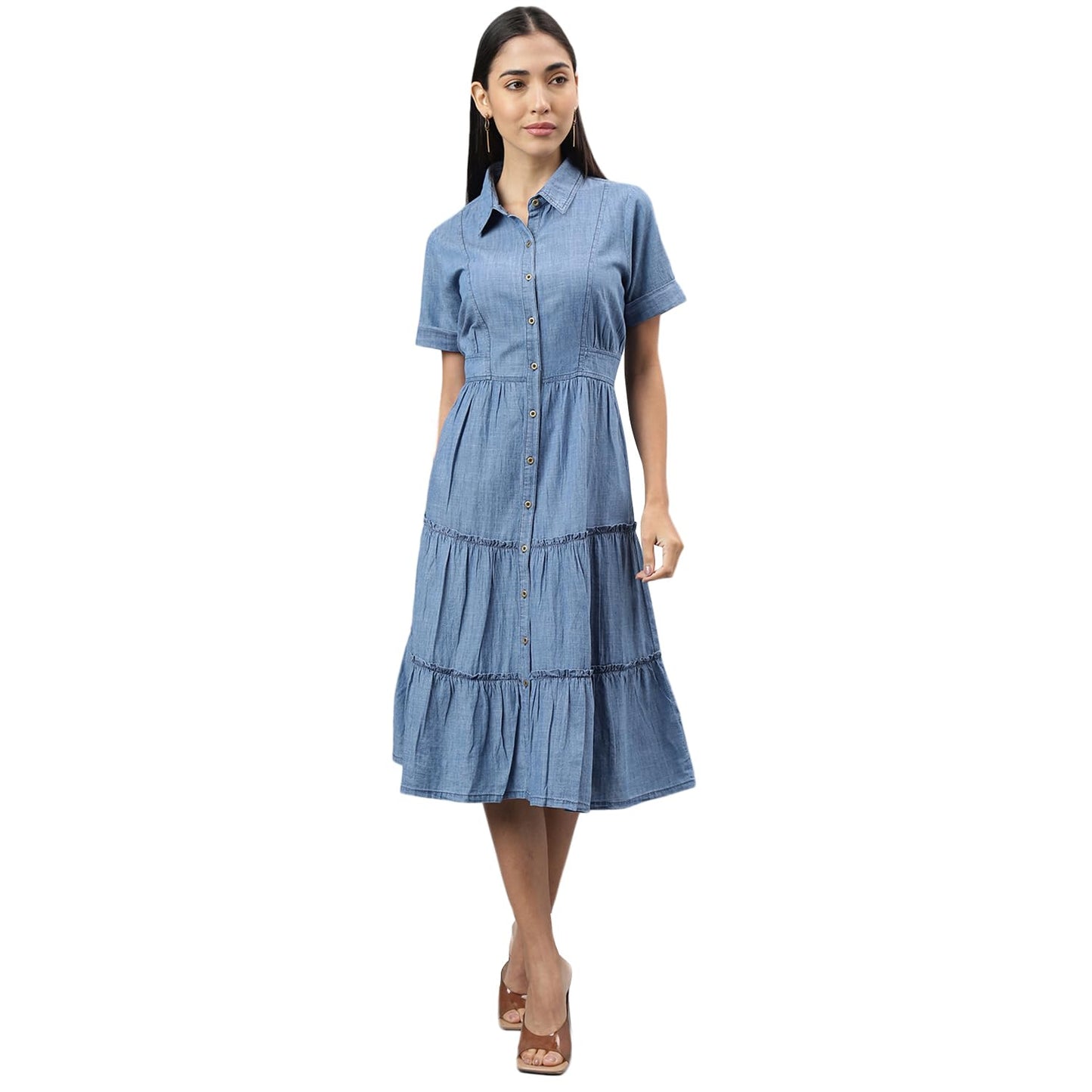 Latin Quarters Women Blue Half Sleeve Collar Neck Women Shirt Dress