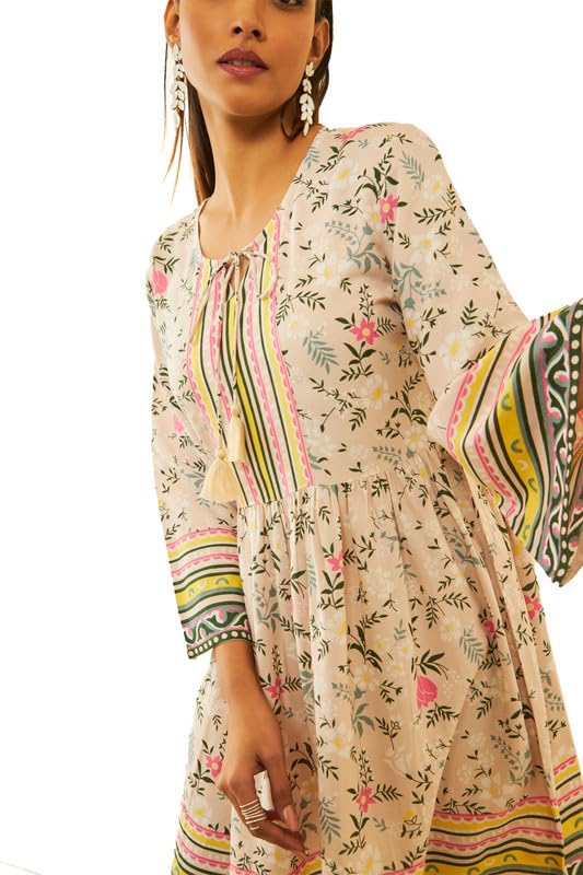 Soch Womens Beige Rayon Floral Print Dress with Tassels