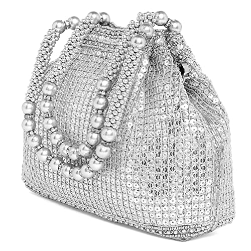 Peora Silver Stylish Handbag for Women Handmade Evening Wristlet Hand Bag Bridal Purse Fashion Bag for Girls