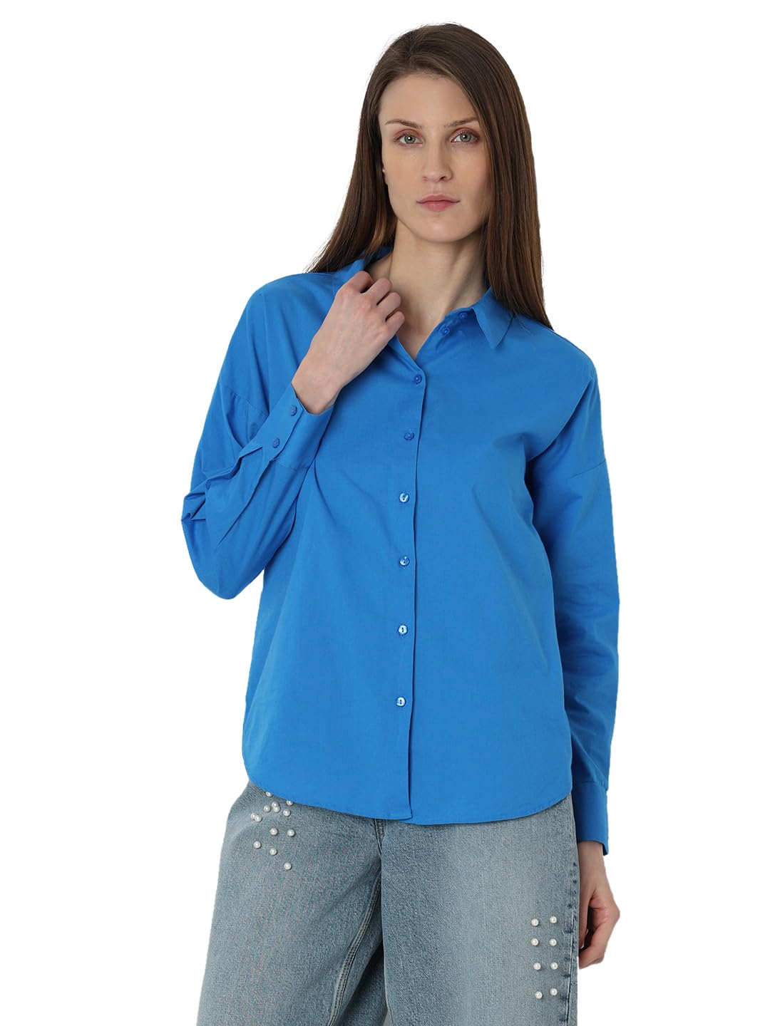 VERO MODA Women's Solid Regular Fit Shirt (296899301-French Blue_French